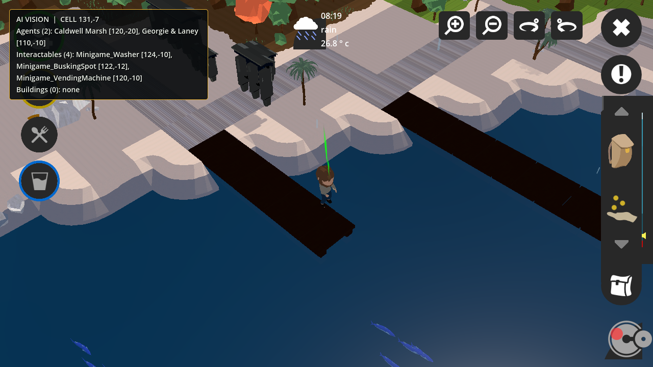 AI-controlled Pity Please character fishing at the pier with the vision overlay active