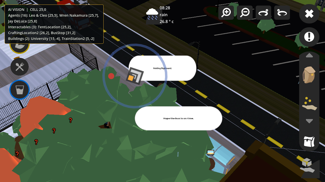 Panhandling minigame showing a directional gesture, NPC response, and AI vision overlay