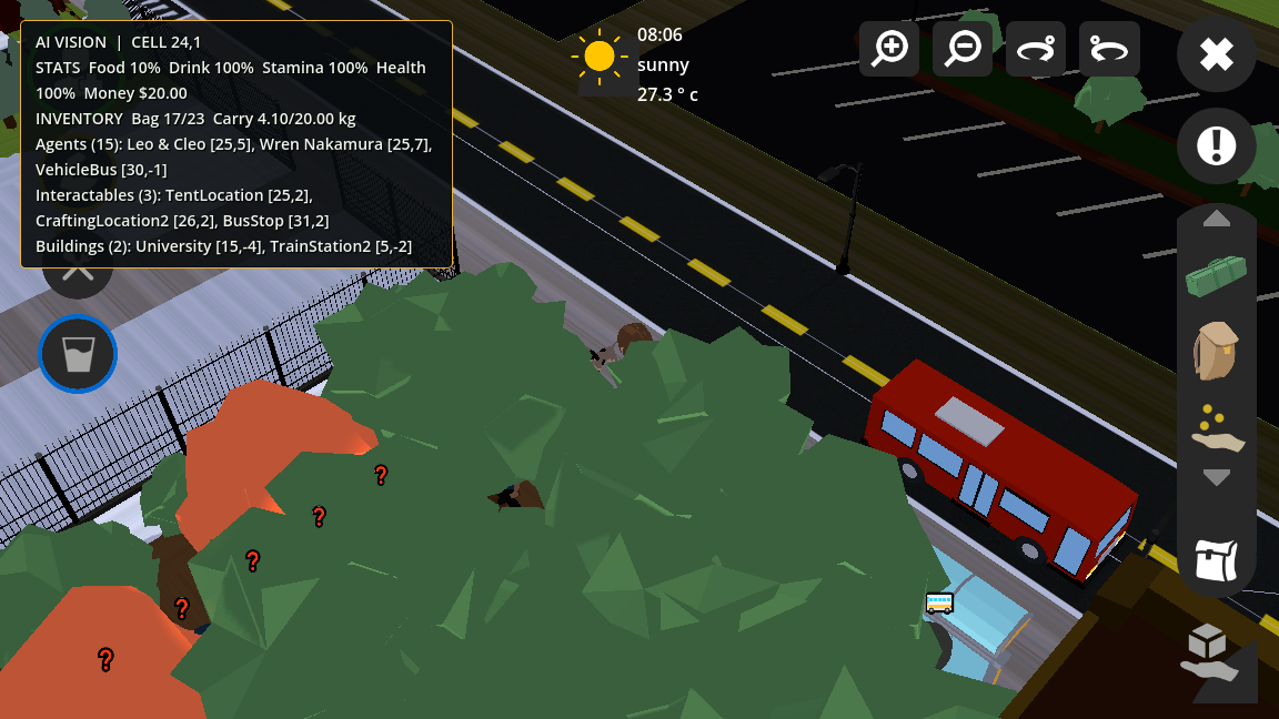 Pity Please gameplay with an AI overlay listing player stats, inventory capacity, agents, interactables, buildings, and cell coordinates